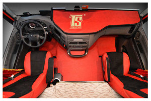Fits for IVECO*: S-Way (2019-...) - Imitation leather oldschool - seat covers - red I black - golden TS logo
