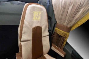 Suitable for Volvo*: FH4 I FM4 I FMX4 (2013-2020) I FH5 (2021-...) I FS incl. belt - BF extra Belt - Leatherette Oldschool - Seat covers - Beige I Brown 