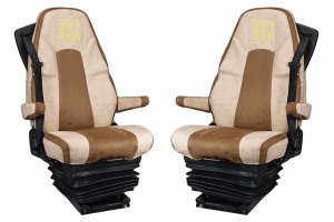 Fits for Volvo*: FH4 I FM4 I FMX4 (2013-2020) I FH5 (2021-...) I FS incl. belt - BF incl. belt - Imitation leather oldschool - Seat covers - Beige I Brown 