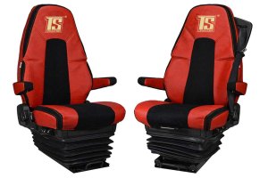 Suitable for Volvo*: FH4 I FM4 I FMX4 (2013-2020) I FH5 (2021-...9 I FS incl. belt - BF extra Belt - Leatherette Oldschool - Seat covers - red I black