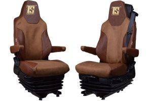 Suitable for MAN*: TGX I TGS I TGM I TGL EURO6 (2020-...) - rigid backrest passenger seat (1 belt integrated) - faux leatherette oldschool - seat covers I grizzly I brown