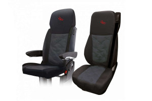 Passend für DAF*: XF I XG I XG+ EURO6 (2021-...) Old Style Professional-Sitzbezüge Mod. Z I klappbar I mit Tisch Schwarz mit Logo