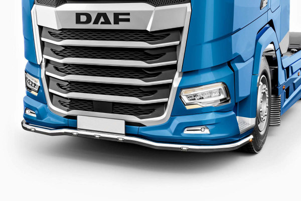 Suitable for DAF*: XG and XG+ (2021-...) Front underride guard incl. 7 LED (5x white, 2x orange) not powder-coated (high-gloss stainless steel) Version 2 (BumpBar)