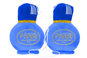 Original Poppy Pl&uuml;sch Flaschen im Fuzzy Dice W&uuml;rfeldesign Blau